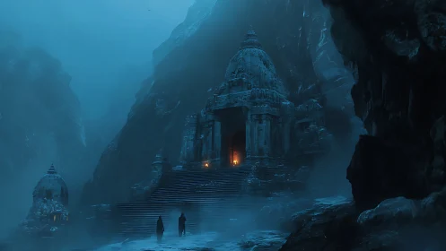 Misty mountain temple entrance with two cloaked travelers.