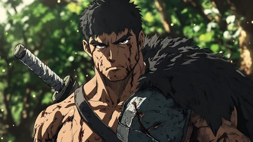 Battle-scarred anime swordsman stands tense in forest light