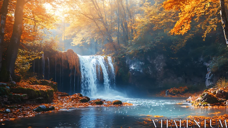 Golden forest waterfall hiding a quiet story of autumn light.