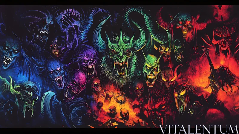 Legion of multicolored demons roars from burning darkness.