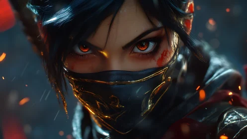 Fierce masked warrior locks eyes with a blazing, bold stare