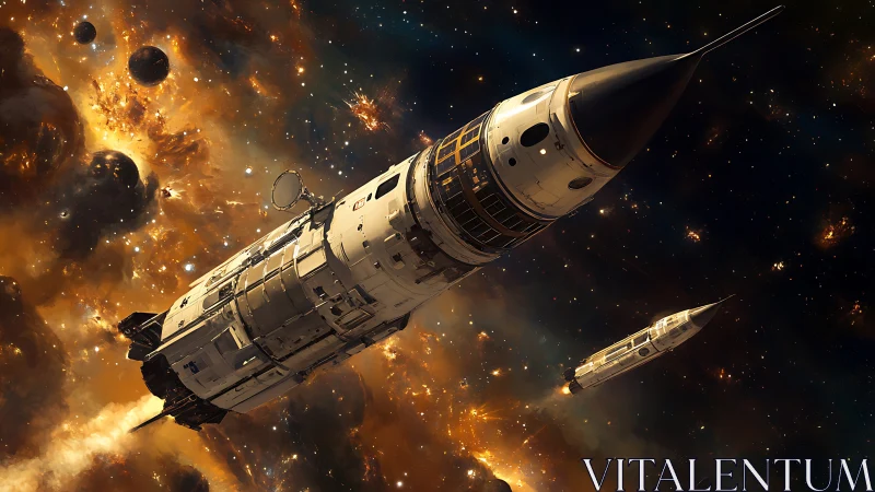 Massive starship crosses explosive deep space battlefield.