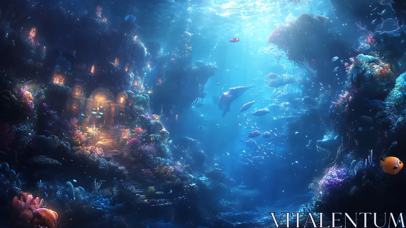 Underwater structure and marine life in filtered blue light