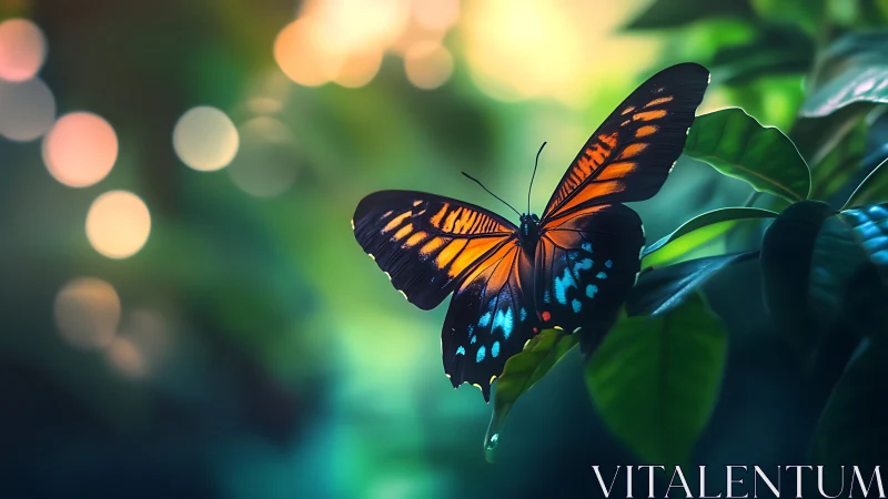 Vibrant butterfly rests on dewy leaf in luminous bokeh forest.