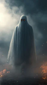 Ghostly robed figure with glowing eyes in smoky landscape.