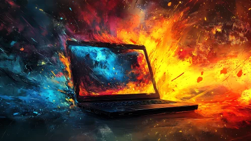 Blazing laptop bursts with swirling fire and cool blue energy