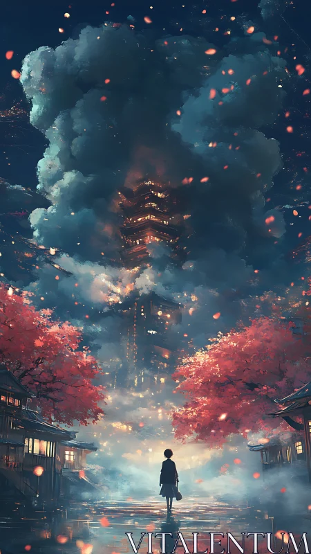 Solitary figure approaches towering pagoda veiled in clouds
