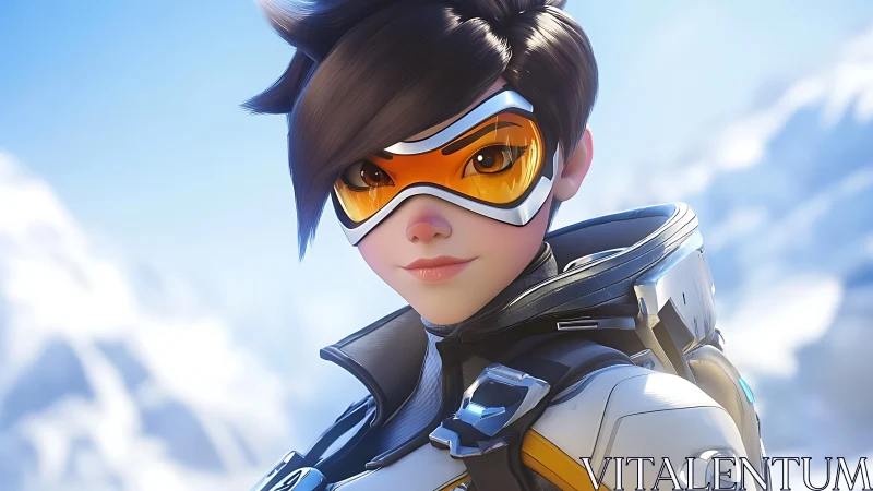 Female sci‑fi character in white suit against snow backdrop.