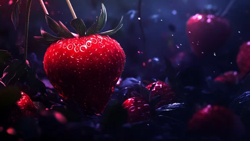 Macro-illuminated strawberry cluster in nocturnal lumen field.