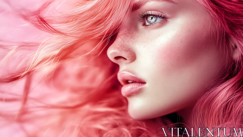 Cotton-candy currents swirl around a freckled digital muse