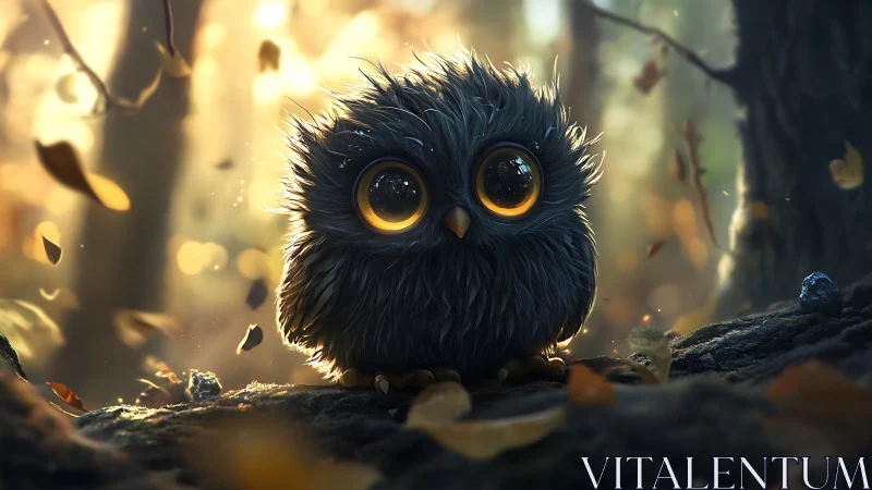 Adorable Fluffy Owl with Big Eyes in Enchanted Forest, Digital Art.