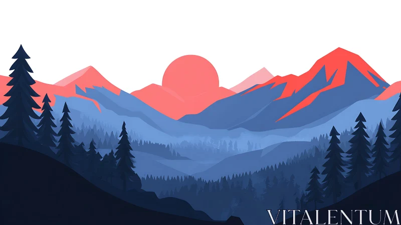 Gentle sunrise washing bold red peaks in peaceful forest.