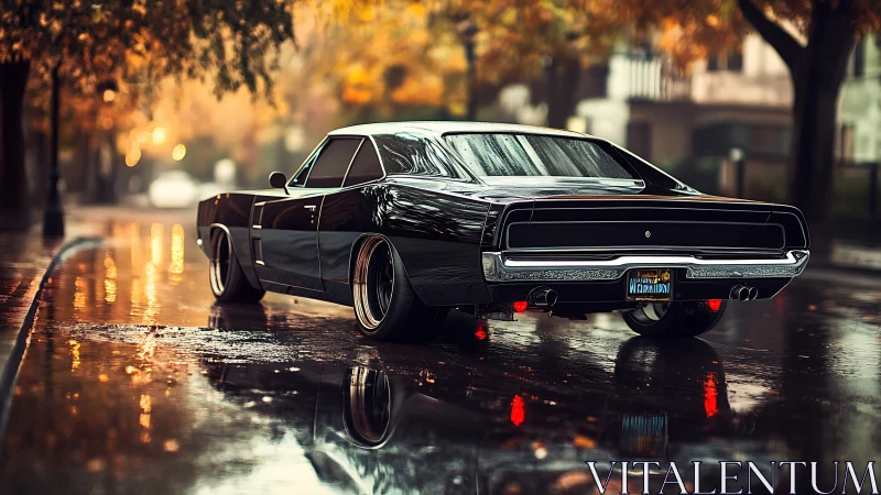 Midnight muscle car gliding through rainlit autumn streets.