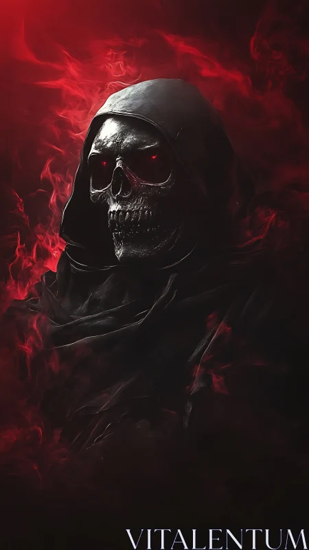 Hooded skeletal figure stares forward in red swirling smoke