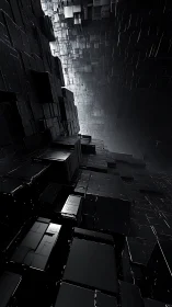 Monolithic black data cubes in dense futuristic gridscape.