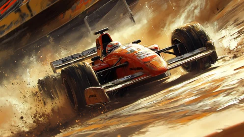 Single-seater race car drifting through saturated muddy spray