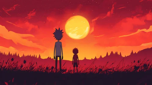 Sunset companions standing together under a glowing sky.