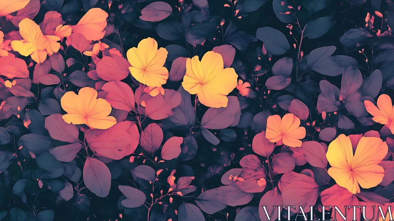 Layered Floral Composition: Illuminated Petals Against Dark Foliage.