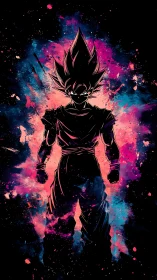 Silhouetted anime warrior ignites amid neon cosmic splashes