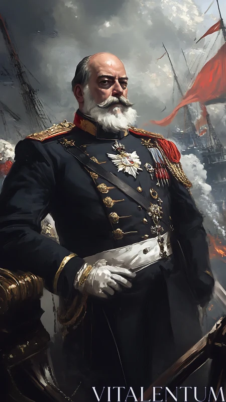 Ironclad admiral stands unbowed amid cannon-smoked seas.