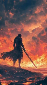 Lone emberknight surveys a molten horizon of ending fire.