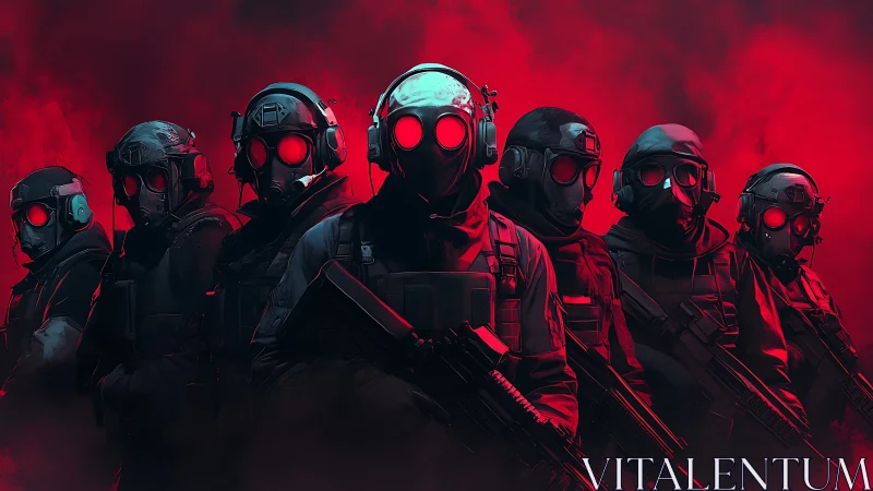 Squad of red‑eyed guardians in a storm of digital smoke.