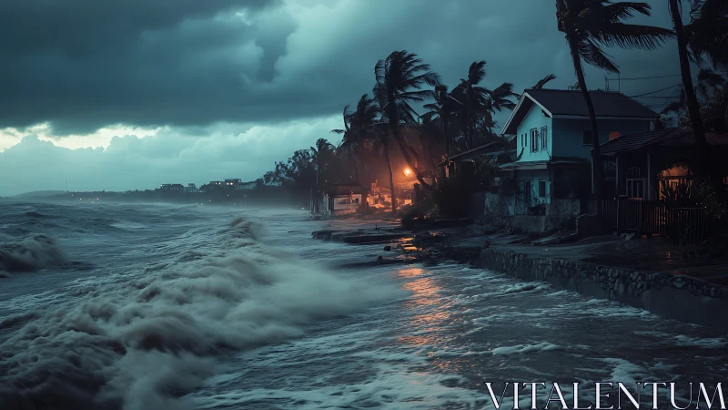 Coastal storm surge pounds seaside homes at blue hour.