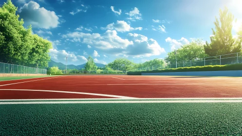 Outdoor sports court shows red surface and green surroundings