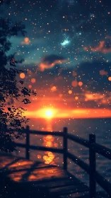Sunset pier scene with glowing bokeh and starry sky