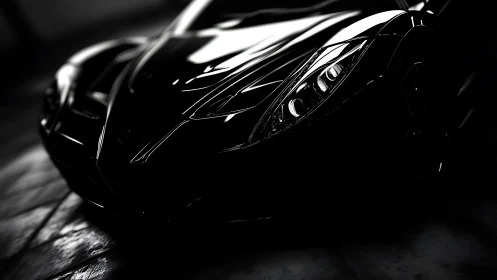Black performance car in dramatic low key lighting.