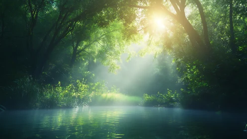 Backlit forest pond with volumetric god rays and mist diffusion