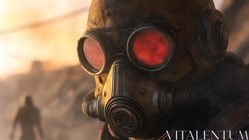 Post-apocalyptic soldier with glowing red goggles stares ahead.