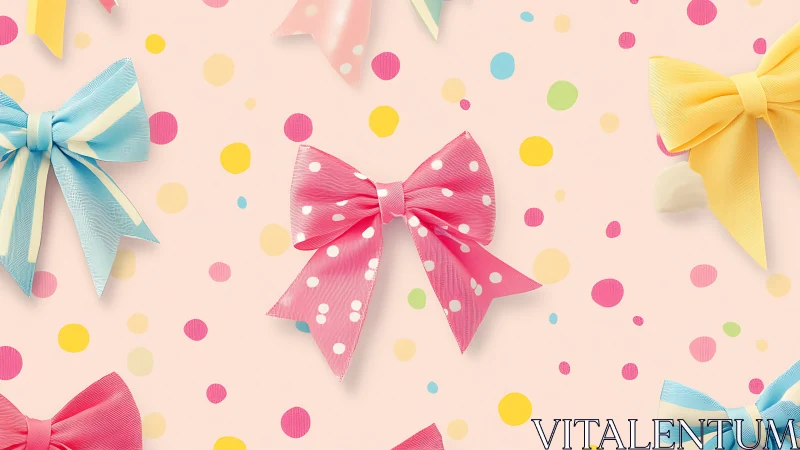 Polka-Dotted Bows Arranged on Pastel Pink Surface with Scattered Circular Elements.