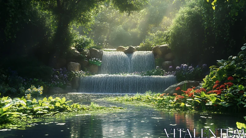 Layered garden waterfall with volumetric light and dense foliage