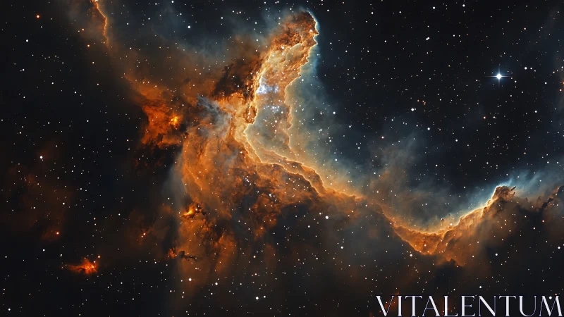Stellar canyon of firelit nebula clouds carving cosmic seas.