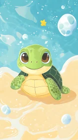 Digital painting of a baby sea turtle in stylized shoreline environment.
