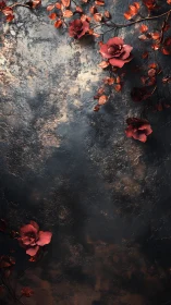 Red flowers on textured dark surface.