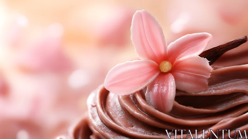 Pink Flower Atop Chocolate Frosting Confection.