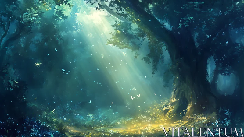 Luminescent Forest Canopy with Volumetric Light Phenomena.