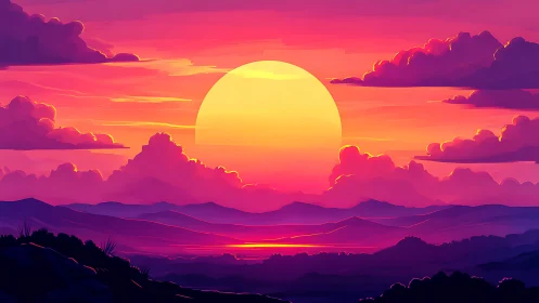 Chromatic stratified sunset over layered digital ridges.