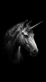 Black and white unicorn portrait on dark background.