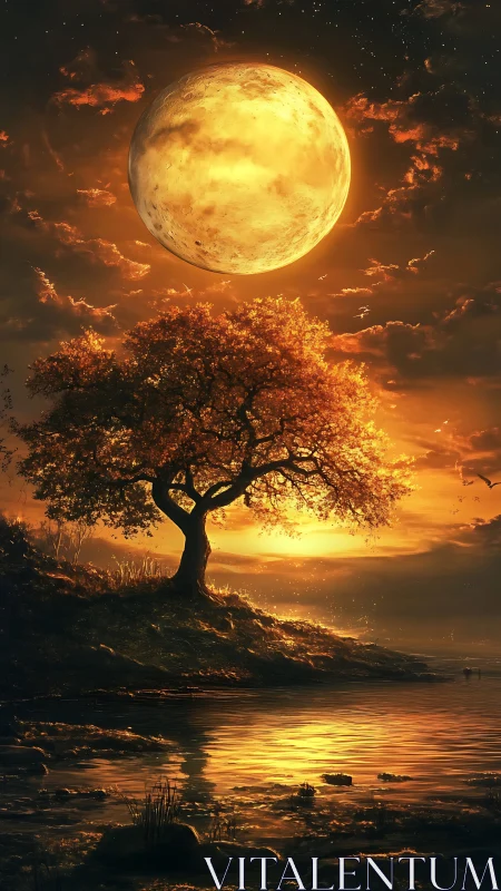 Golden celestial moon hangs above illuminated lakeside tree