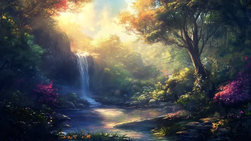 Mystical Forest Waterfall Dawn Light Through Ancient Woods.