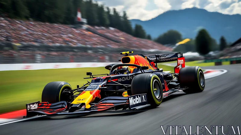 High-downforce Formula car executing apex at alpine circuit.