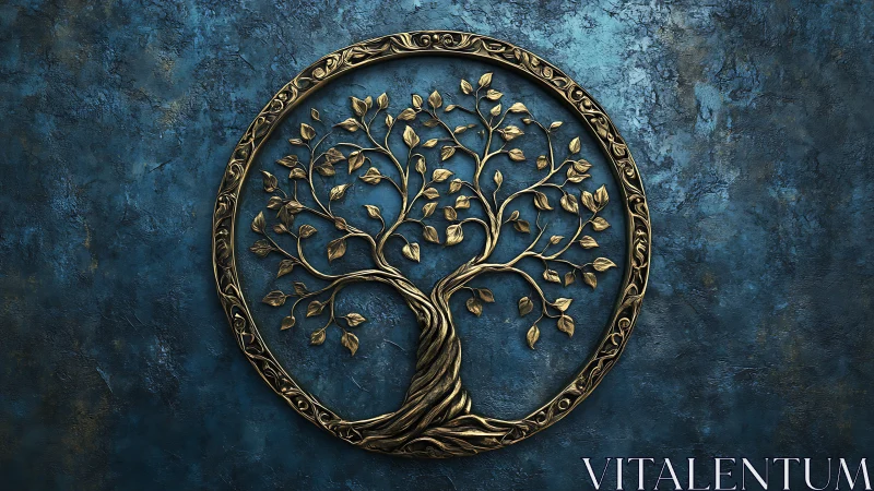 Bronze tree of life emblem mounted on textured blue wall