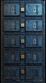 Vertical array of industrial metal access panels in blue.
