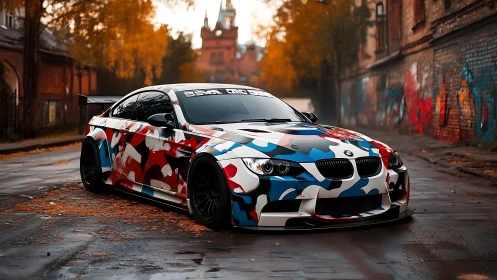 Street-tuned BMW coupe prowls a moody autumn city alley