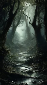 Misty Forest Stream Among Ancient Trees.
