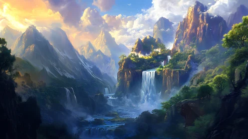 Luminescent mountain valley with tiered waterfalls and misty gorge