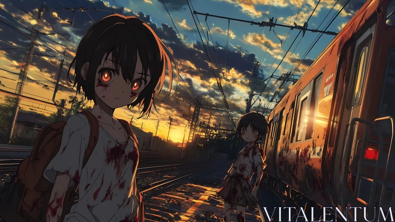 Bloodstained anime girls stand by empty train at sunset.